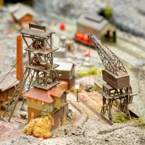 coal mining buildings and equipment on a model train set layout